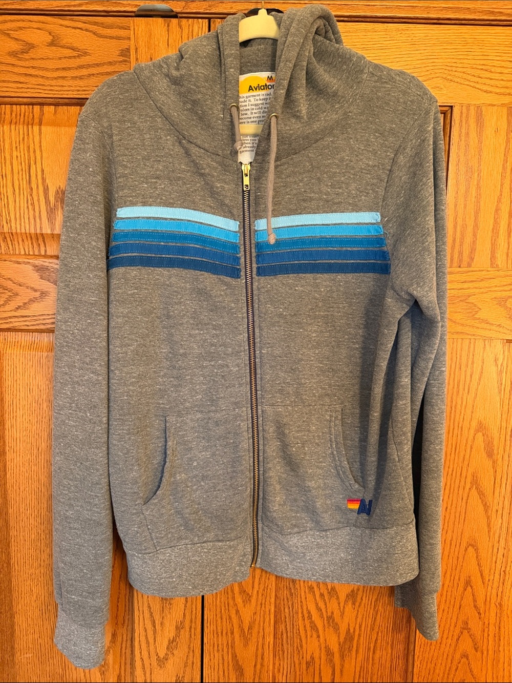 Aviator Nation Men’s Gray Zip Hoodie with Blue Stripe Accents